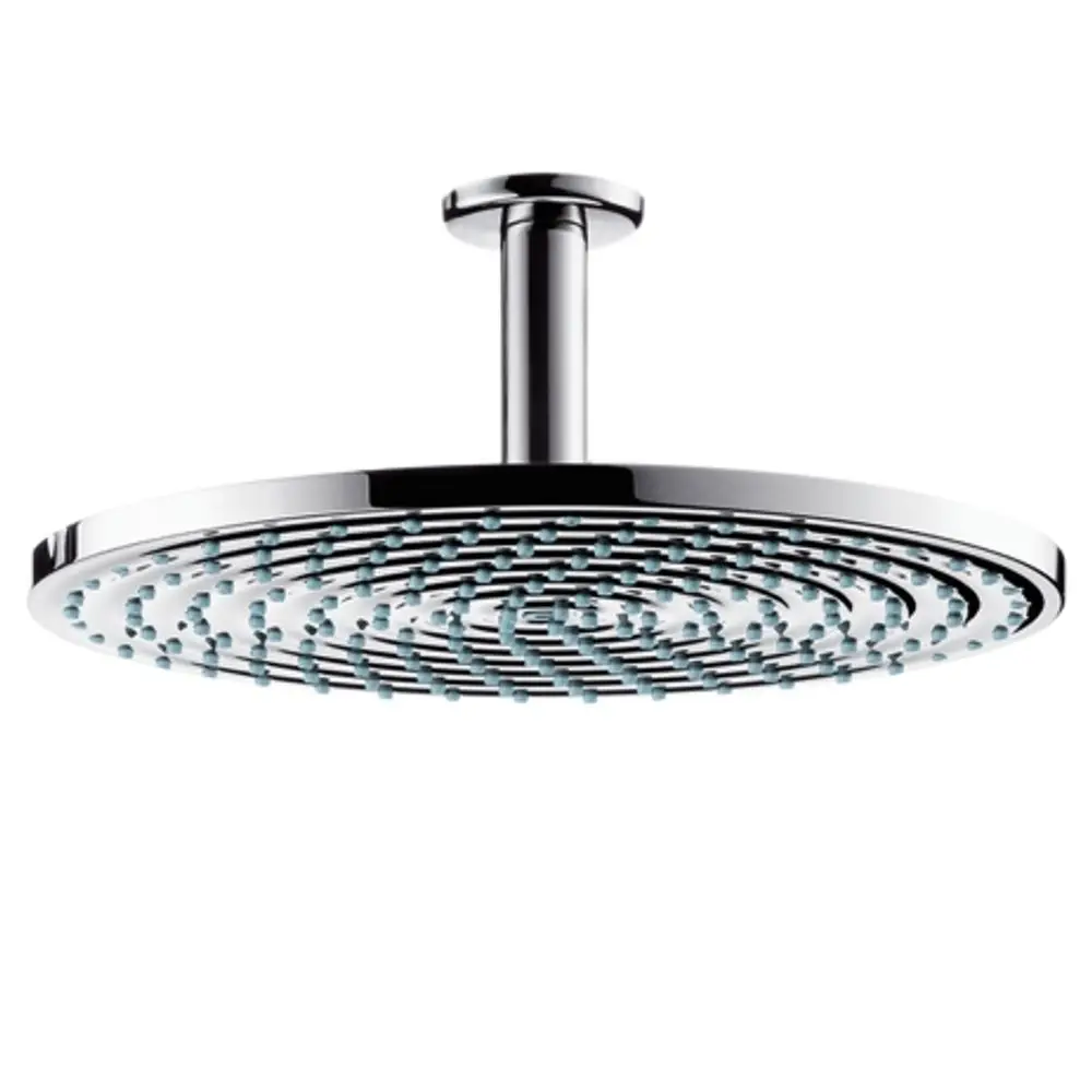Duschkopf von Hansgrohe, rund mit vielen Düsen in spiralförmiger Anordnung, montiert an Decke, in glänzendem Chrom.